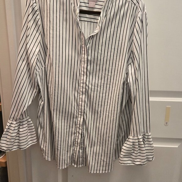 Chico's Black and White Striped Blouse with Ruffle Cuff - Picture 1 of 4